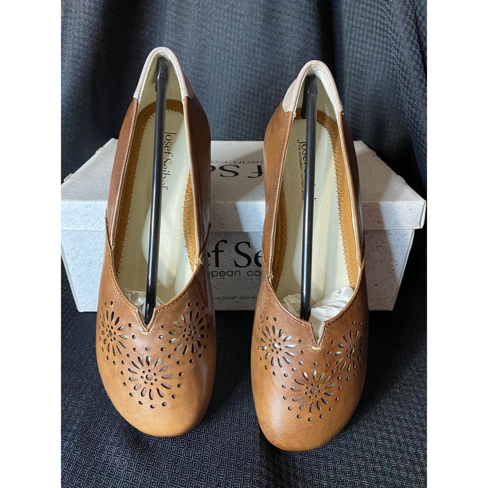 Josef Seibel Pippa 07 Tan Leather Floral Laser Cut Flats Size 37 NEW - Picture 1 of 6